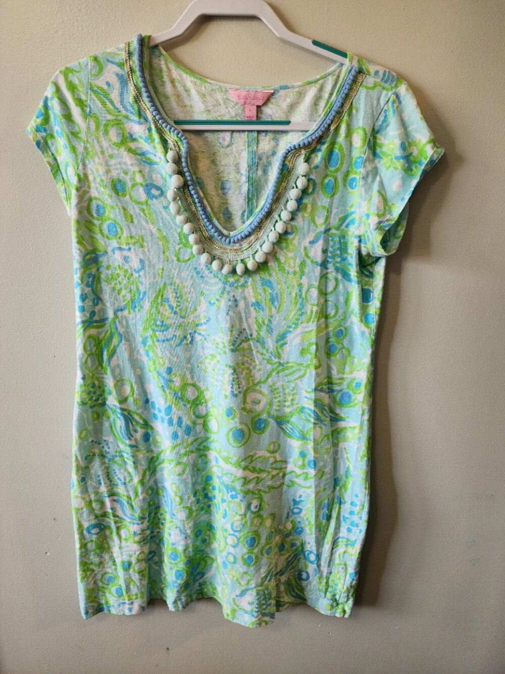 Lilly Pulitzer Blue Green Print Beaded Neckline Shift Dress Size Large